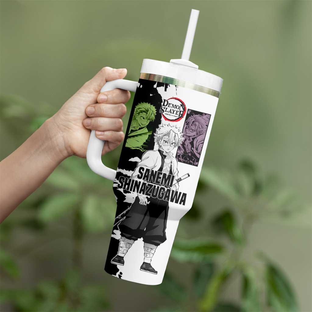 Sanemi Shinazugawa from Demon Slayer Tumbler With Handle with Black and White Split Background and Intense Battle-Ready Manga Style Design - The Mazicc