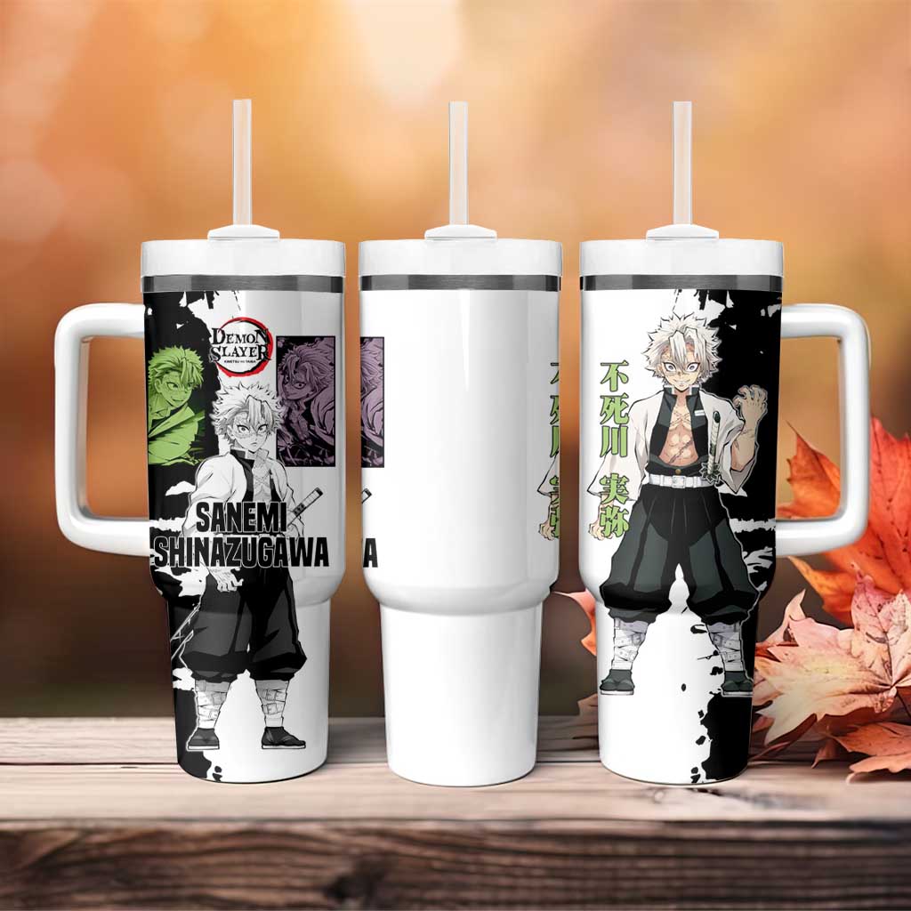 Sanemi Shinazugawa from Demon Slayer Tumbler With Handle with Black and White Split Background and Intense Battle-Ready Manga Style Design - The Mazicc