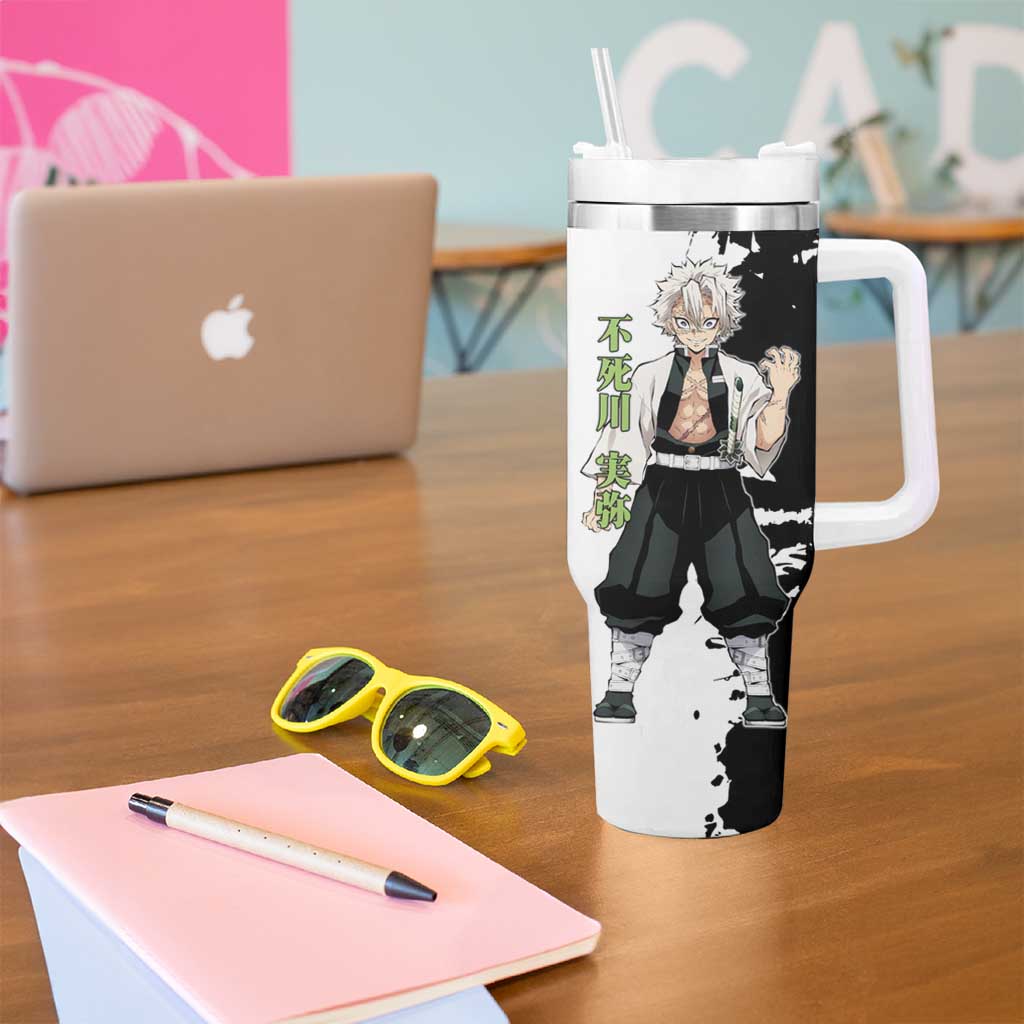Sanemi Shinazugawa from Demon Slayer Tumbler With Handle with Black and White Split Background and Intense Battle-Ready Manga Style Design - The Mazicc