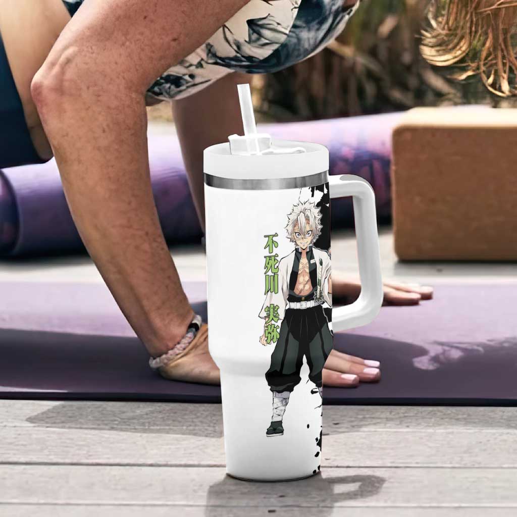 Sanemi Shinazugawa from Demon Slayer Tumbler With Handle with Black and White Split Background and Intense Battle-Ready Manga Style Design - The Mazicc