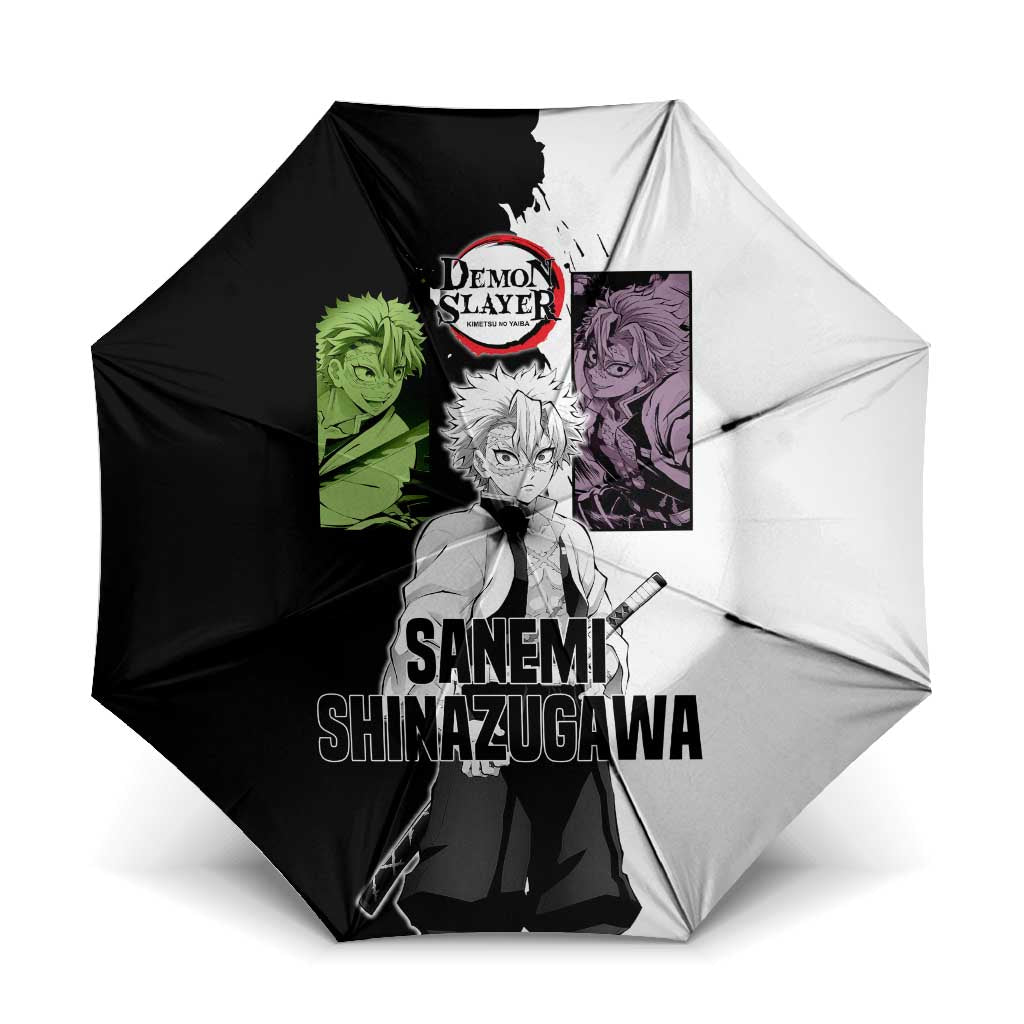Sanemi Shinazugawa from Demon Slayer Umbrella with Black and White Split Background and Intense Battle-Ready Manga Style Design - The Mazicc