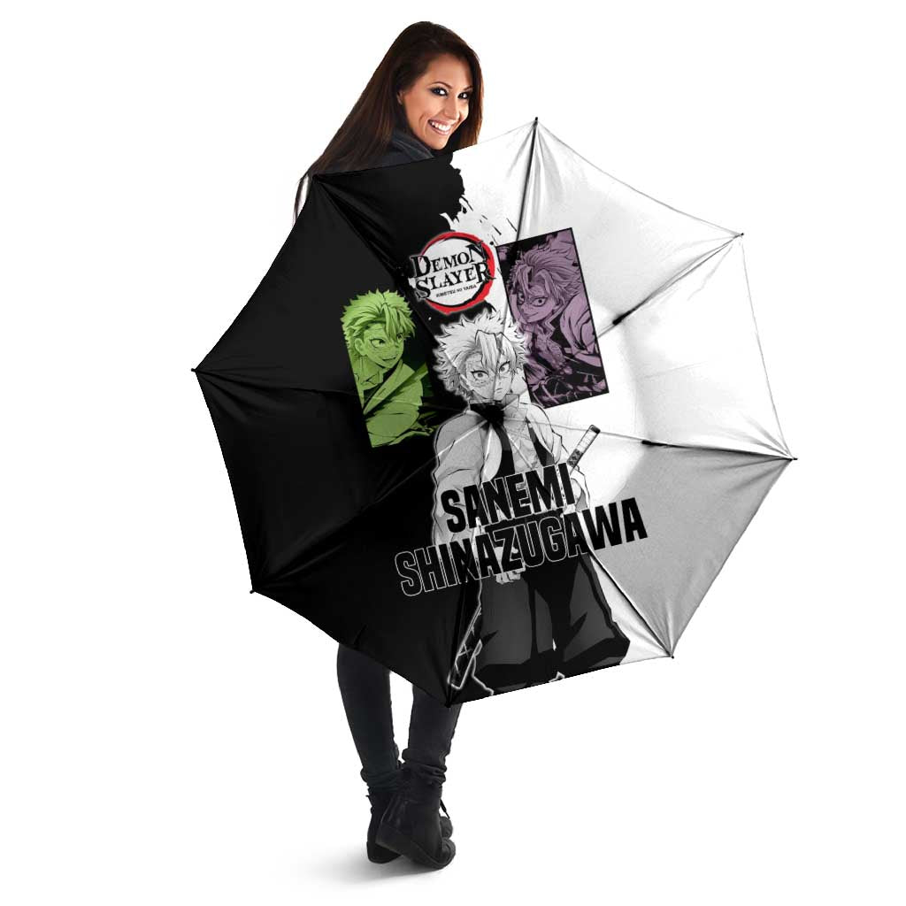 Sanemi Shinazugawa from Demon Slayer Umbrella with Black and White Split Background and Intense Battle-Ready Manga Style Design - The Mazicc