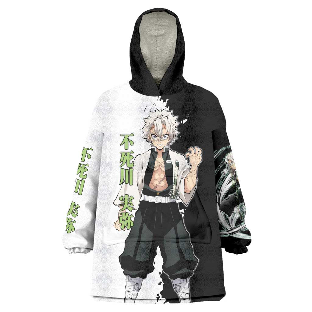 Sanemi Shinazugawa from Demon Slayer Wearable Blanket Hoodie with Black and White Split Background and Intense Battle-Ready Manga Style Design - The Mazicc