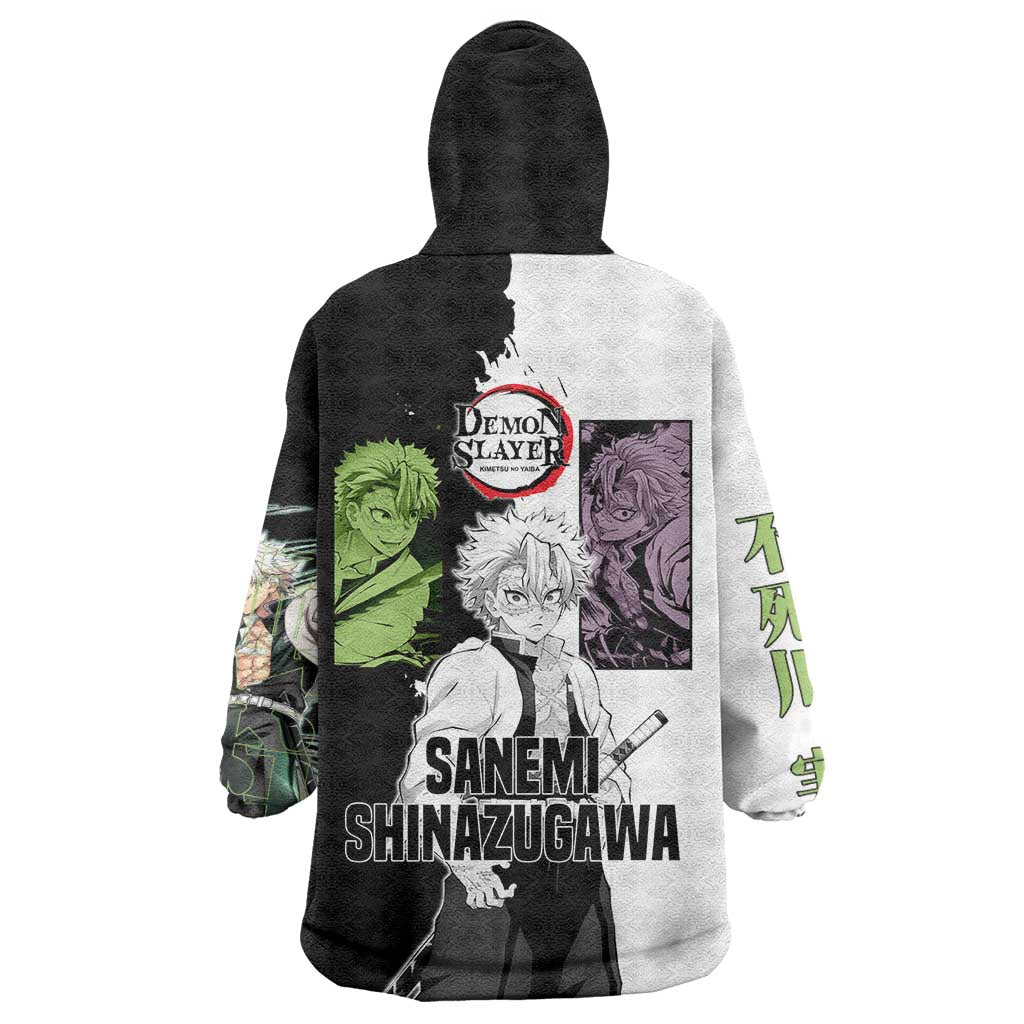 Sanemi Shinazugawa from Demon Slayer Wearable Blanket Hoodie with Black and White Split Background and Intense Battle-Ready Manga Style Design - The Mazicc