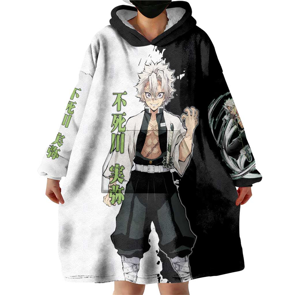 Sanemi Shinazugawa from Demon Slayer Wearable Blanket Hoodie with Black and White Split Background and Intense Battle-Ready Manga Style Design - The Mazicc
