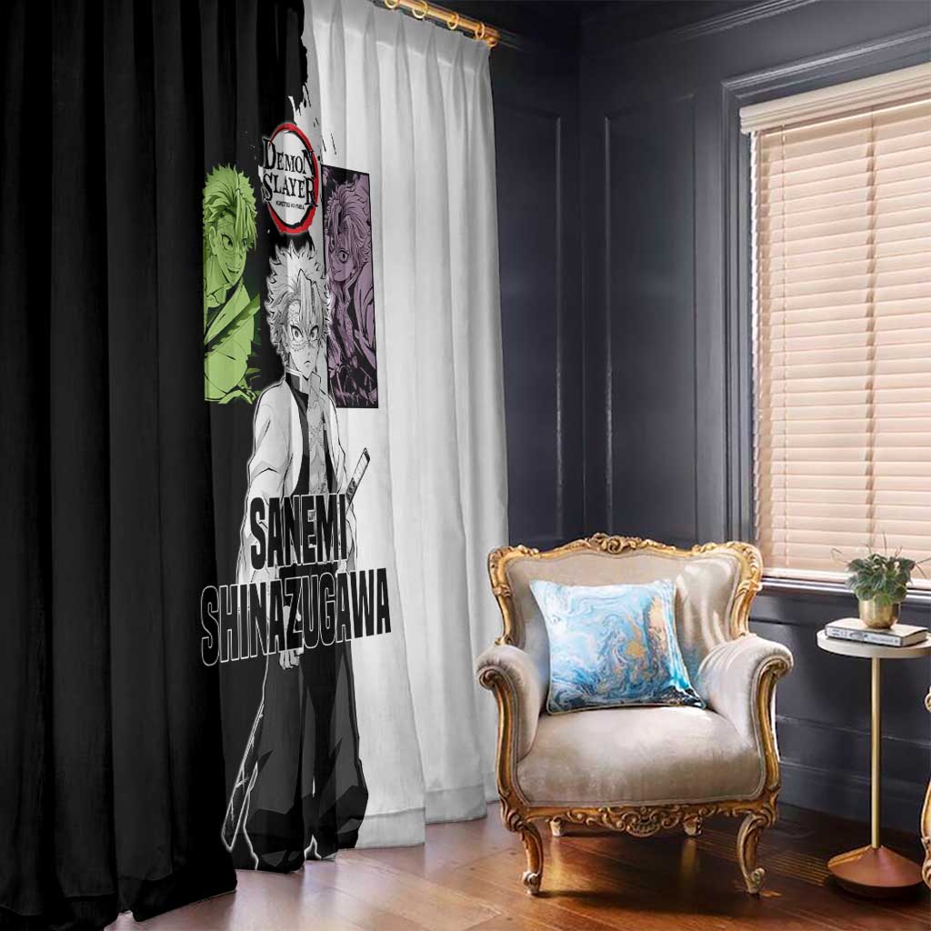 Sanemi Shinazugawa from Demon Slayer Window Curtain with Black and White Split Background and Intense Battle-Ready Manga Style Design - The Mazicc