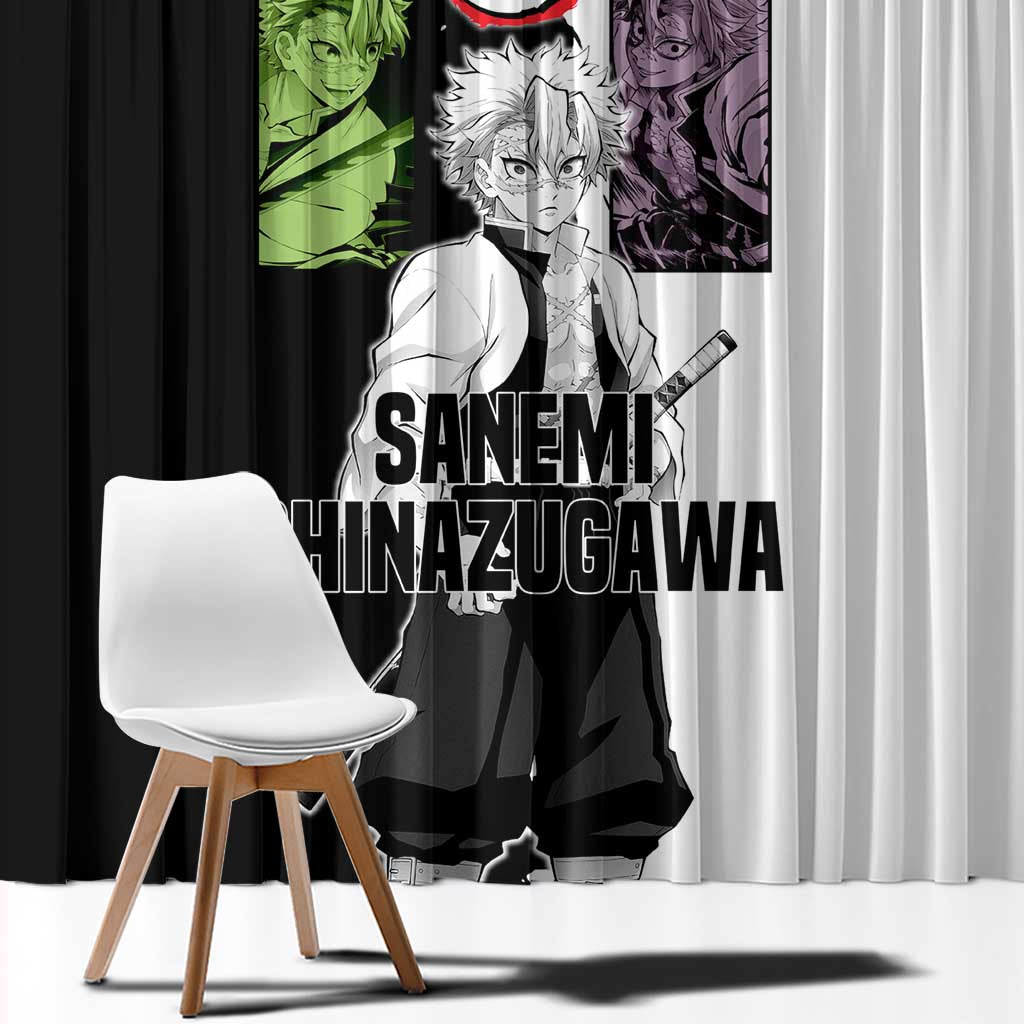 Sanemi Shinazugawa from Demon Slayer Window Curtain with Black and White Split Background and Intense Battle-Ready Manga Style Design - The Mazicc