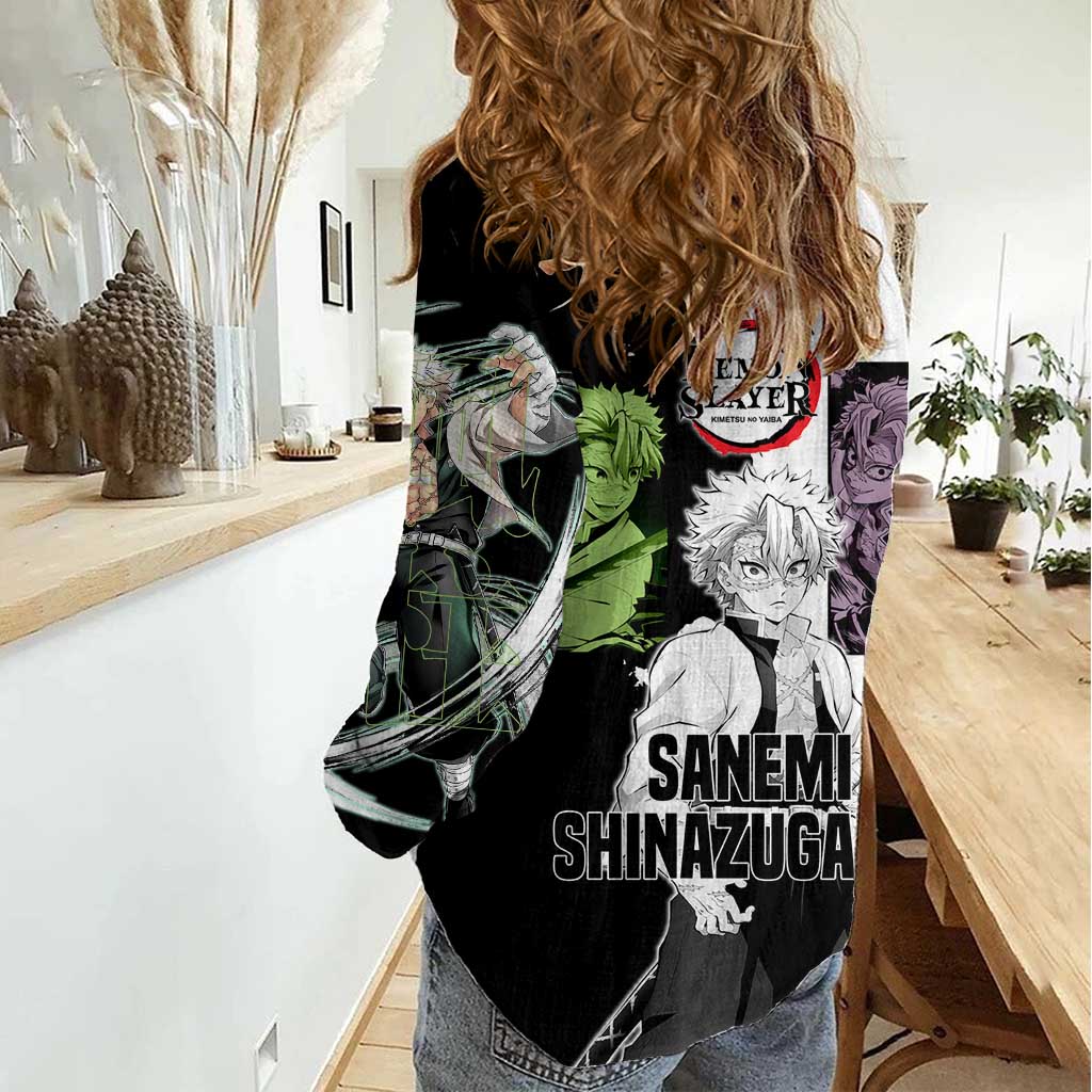 Sanemi Shinazugawa from Demon Slayer Women Casual Shirt with Black and White Split Background and Intense Battle-Ready Manga Style Design - The Mazicc