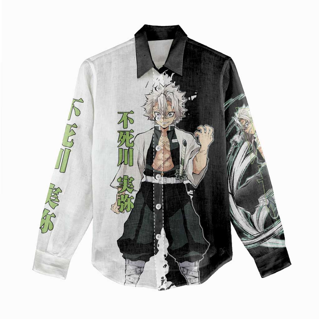 Sanemi Shinazugawa from Demon Slayer Women Casual Shirt with Black and White Split Background and Intense Battle-Ready Manga Style Design - The Mazicc