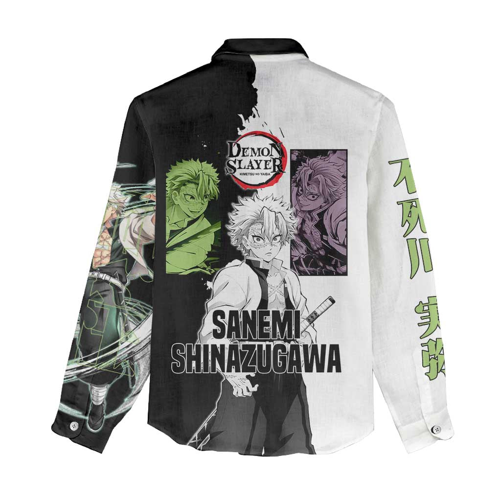 Sanemi Shinazugawa from Demon Slayer Women Casual Shirt with Black and White Split Background and Intense Battle-Ready Manga Style Design - The Mazicc