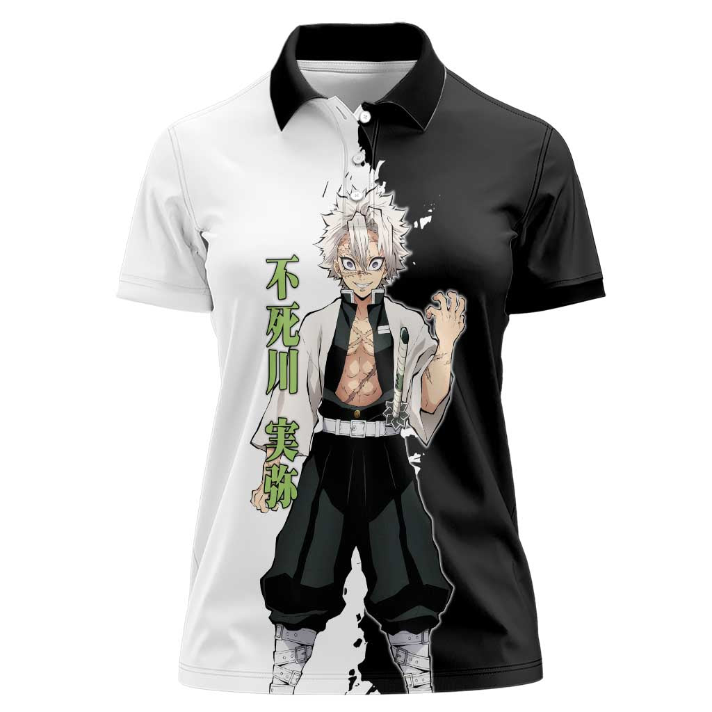 Sanemi Shinazugawa from Demon Slayer Women Polo Shirt with Black and White Split Background and Intense Battle-Ready Manga Style Design - The Mazicc