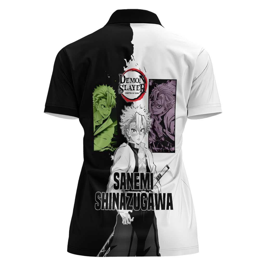 Sanemi Shinazugawa from Demon Slayer Women Polo Shirt with Black and White Split Background and Intense Battle-Ready Manga Style Design - The Mazicc
