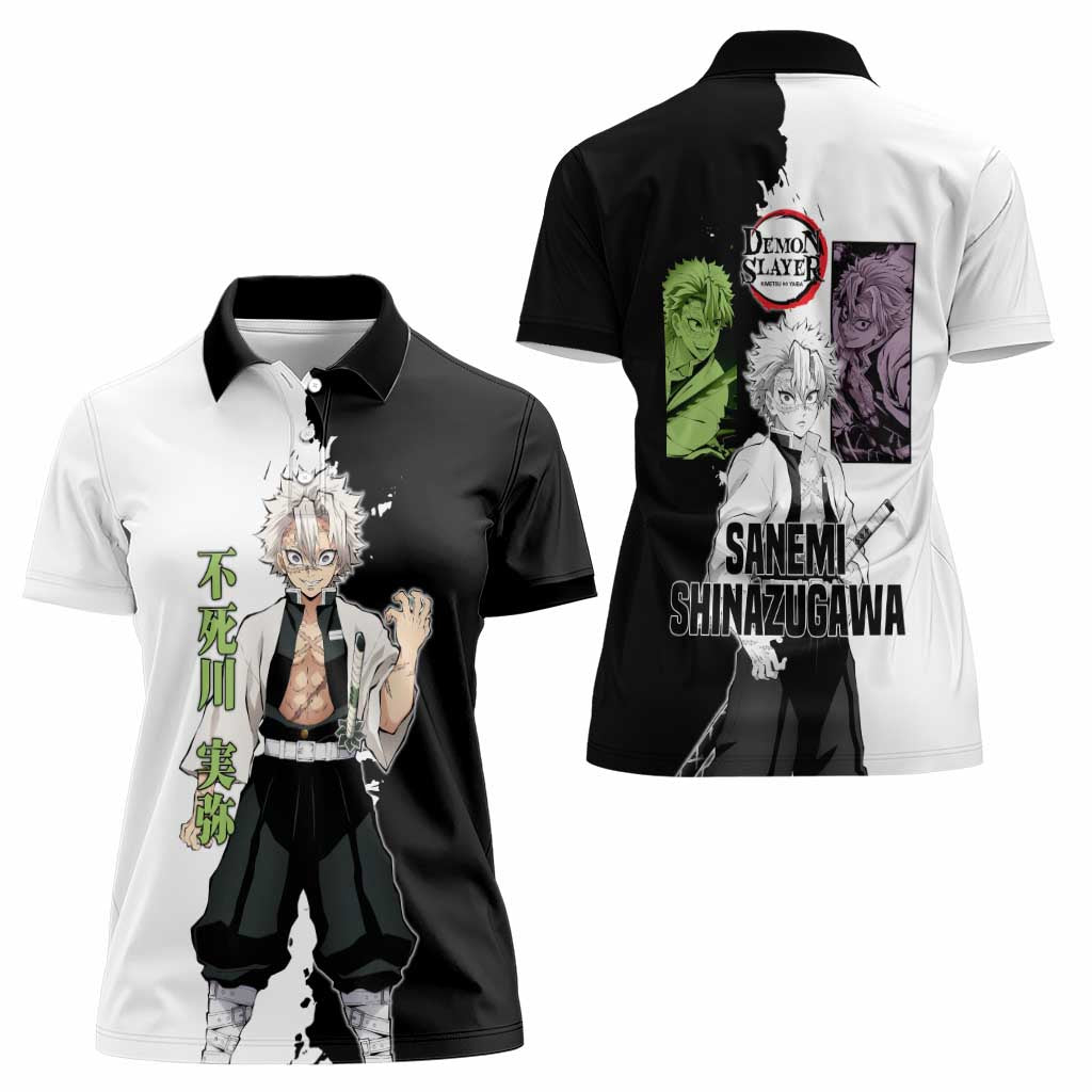Sanemi Shinazugawa from Demon Slayer Women Polo Shirt with Black and White Split Background and Intense Battle-Ready Manga Style Design - The Mazicc