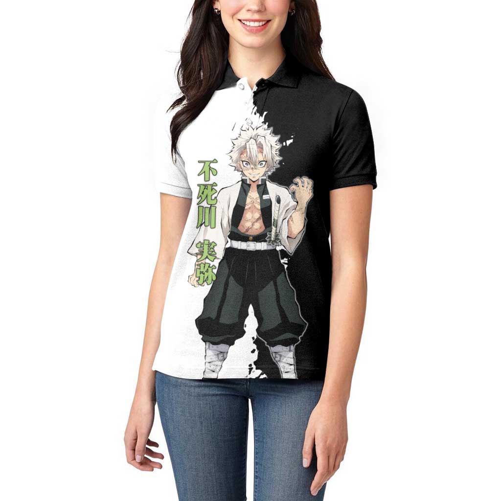 Sanemi Shinazugawa from Demon Slayer Women Polo Shirt with Black and White Split Background and Intense Battle-Ready Manga Style Design - The Mazicc