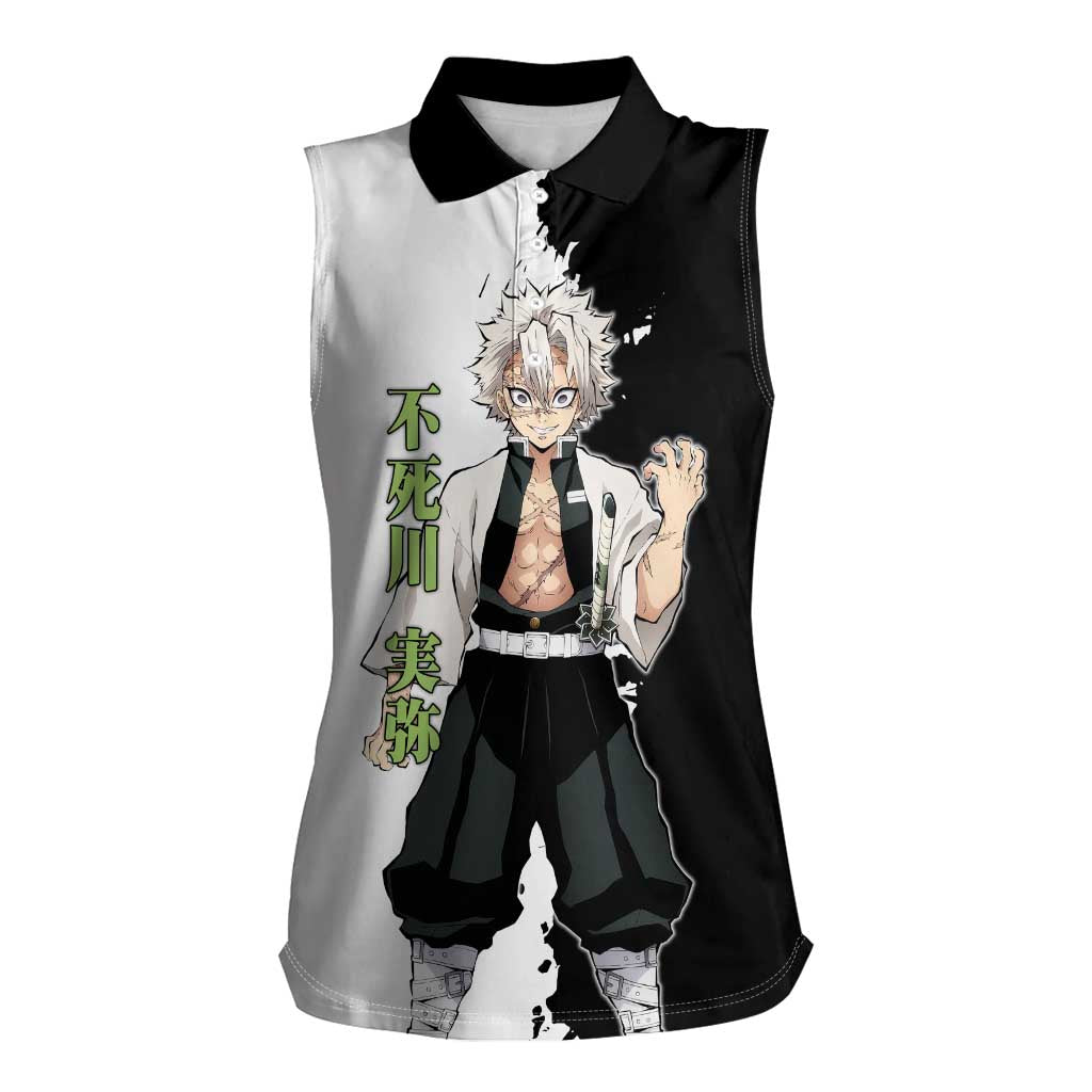 Sanemi Shinazugawa from Demon Slayer Women Sleeveless Polo Shirt with Black and White Split Background and Intense Battle-Ready Manga Style Design - The Mazicc