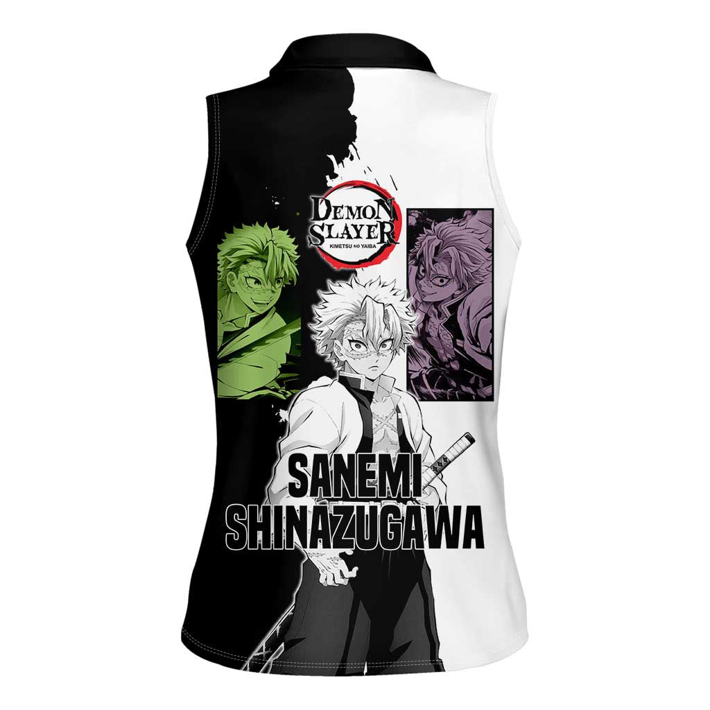 Sanemi Shinazugawa from Demon Slayer Women Sleeveless Polo Shirt with Black and White Split Background and Intense Battle-Ready Manga Style Design - The Mazicc