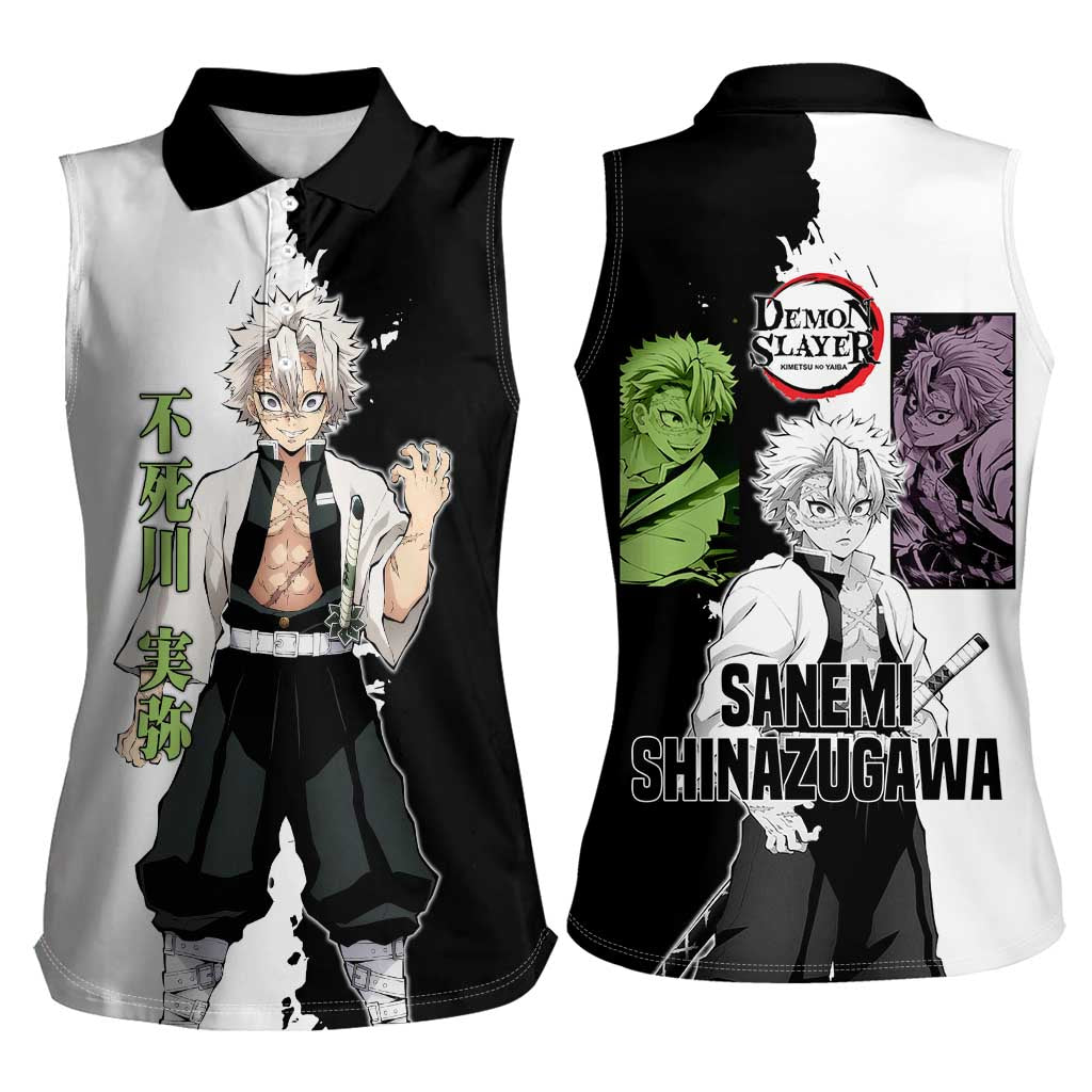 Sanemi Shinazugawa from Demon Slayer Women Sleeveless Polo Shirt with Black and White Split Background and Intense Battle-Ready Manga Style Design - The Mazicc