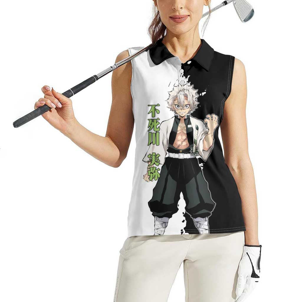 Sanemi Shinazugawa from Demon Slayer Women Sleeveless Polo Shirt with Black and White Split Background and Intense Battle-Ready Manga Style Design - The Mazicc