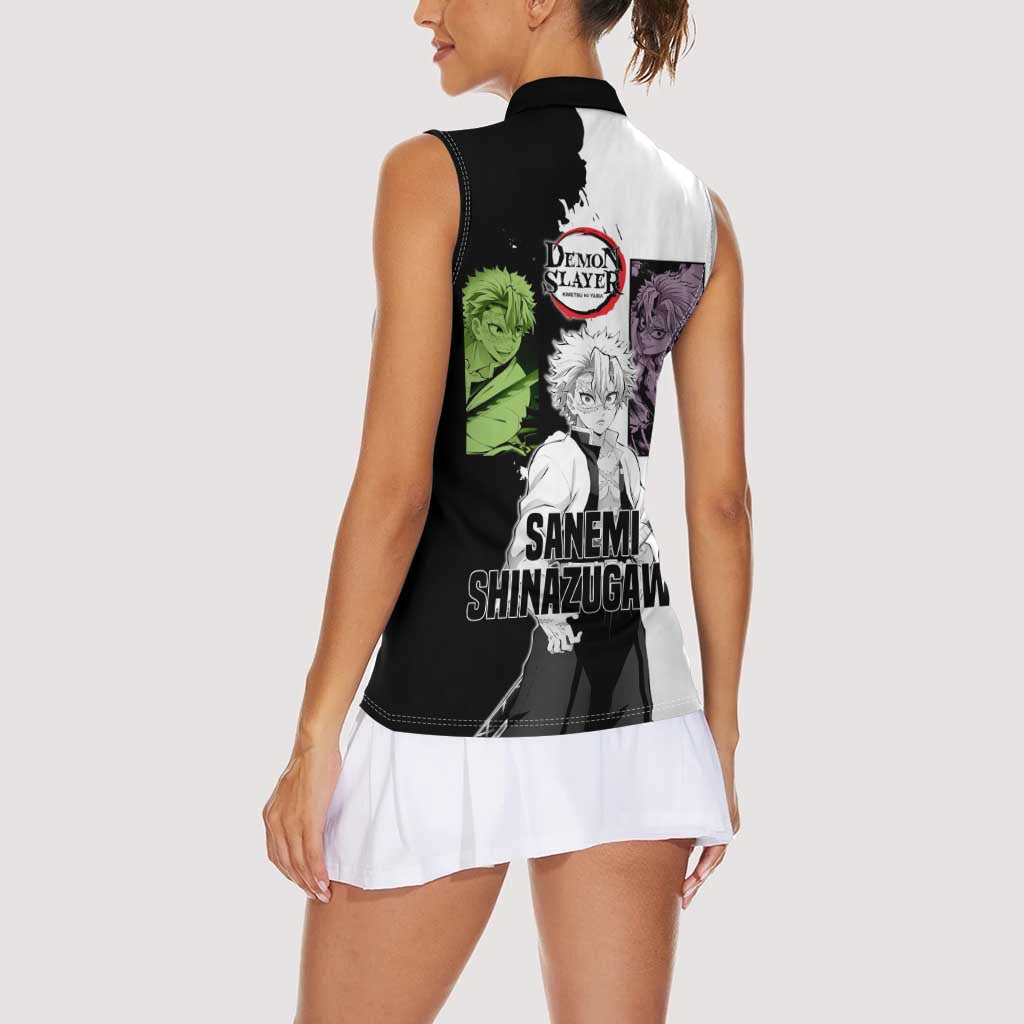 Sanemi Shinazugawa from Demon Slayer Women Sleeveless Polo Shirt with Black and White Split Background and Intense Battle-Ready Manga Style Design - The Mazicc