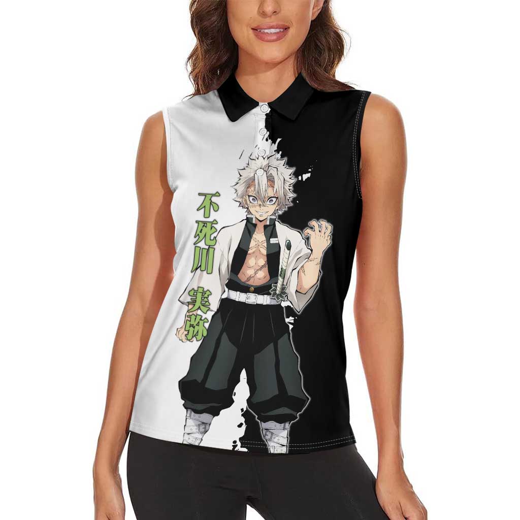 Sanemi Shinazugawa from Demon Slayer Women Sleeveless Polo Shirt with Black and White Split Background and Intense Battle-Ready Manga Style Design - The Mazicc