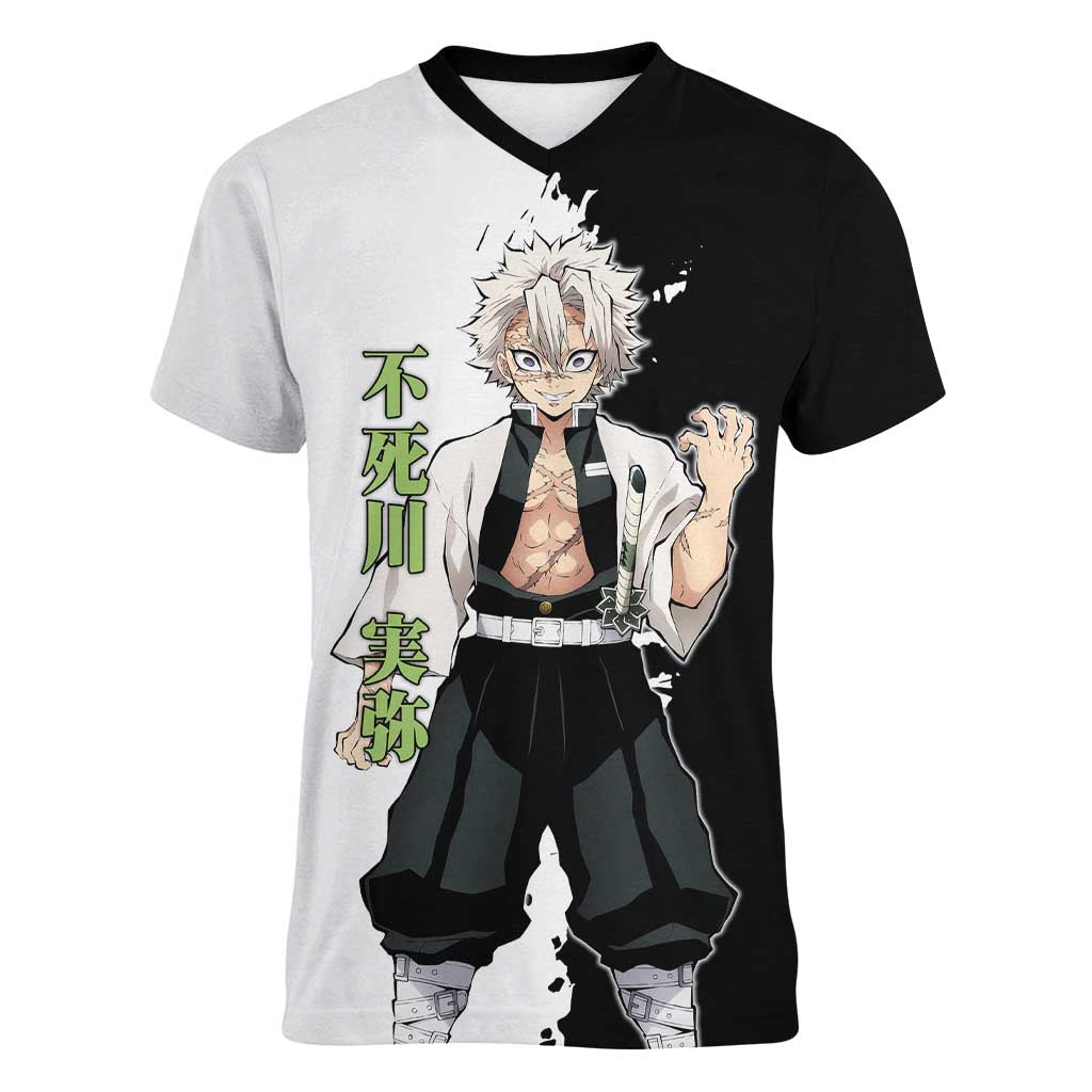 Sanemi Shinazugawa from Demon Slayer Women V-Neck T-Shirt with Black and White Split Background and Intense Battle-Ready Manga Style Design - The Mazicc