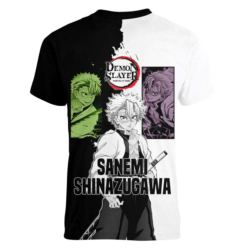 Sanemi Shinazugawa from Demon Slayer Women V-Neck T-Shirt with Black and White Split Background and Intense Battle-Ready Manga Style Design - The Mazicc