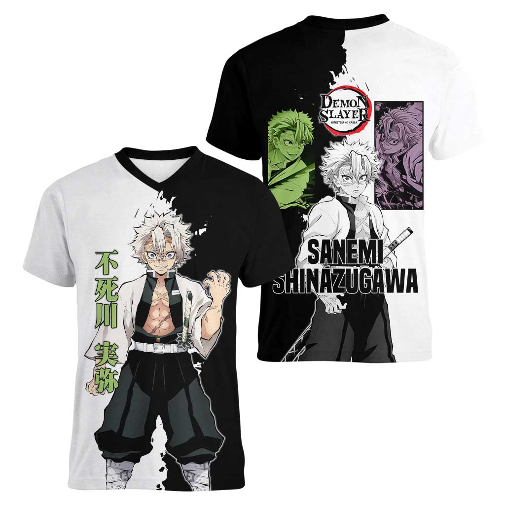Sanemi Shinazugawa from Demon Slayer Women V-Neck T-Shirt with Black and White Split Background and Intense Battle-Ready Manga Style Design - The Mazicc