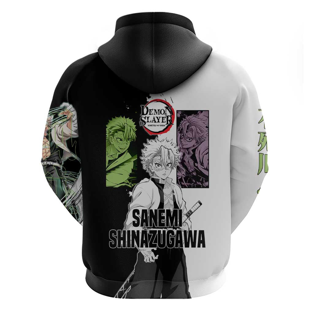 Sanemi Shinazugawa from Demon Slayer Zip Hoodie with Black and White Split Background and Intense Battle-Ready Manga Style Design - The Mazicc
