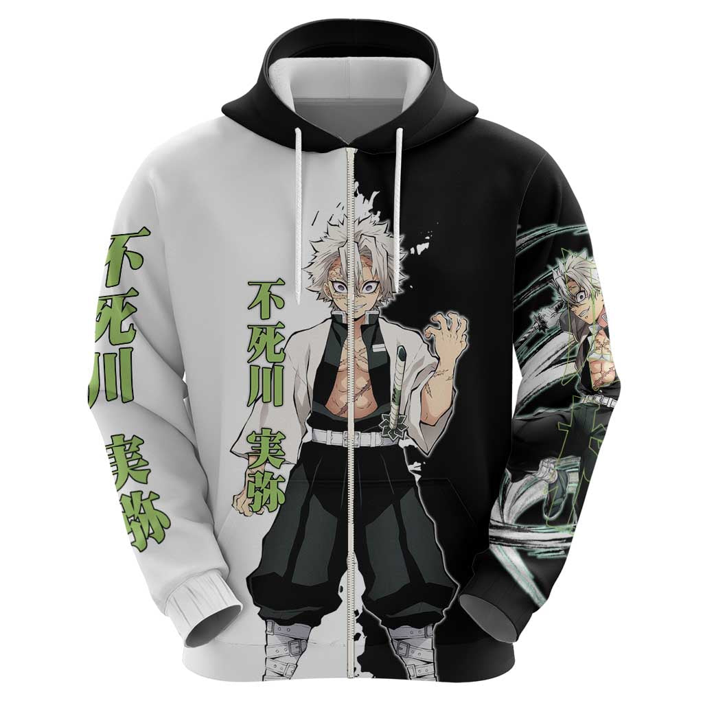 Sanemi Shinazugawa from Demon Slayer Zip Hoodie with Black and White Split Background and Intense Battle-Ready Manga Style Design - The Mazicc