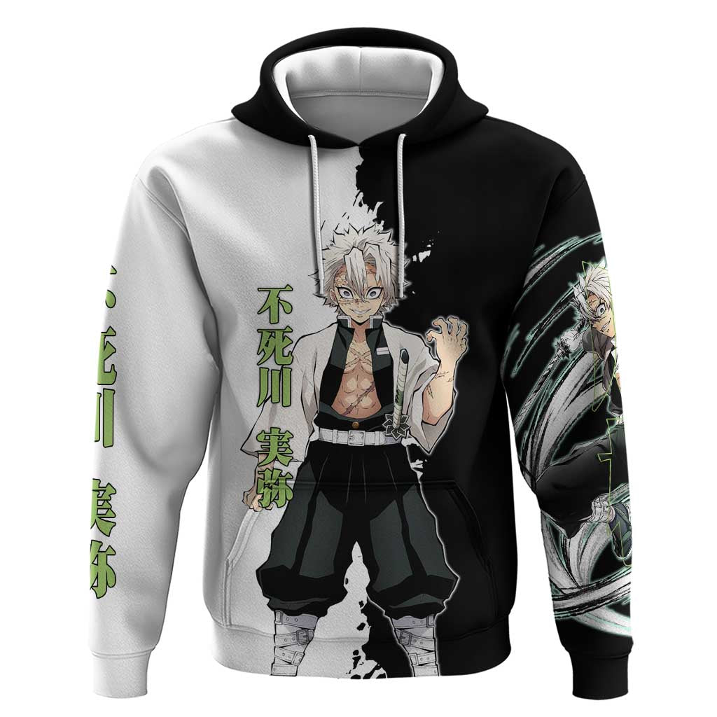 Sanemi Shinazugawa from Demon Slayer Zip Hoodie with Black and White Split Background and Intense Battle-Ready Manga Style Design - The Mazicc
