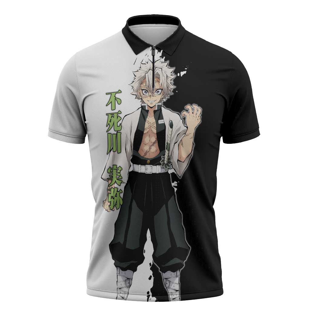 Sanemi Shinazugawa from Demon Slayer Zipper Polo Shirt with Black and White Split Background and Intense Battle-Ready Manga Style Design - The Mazicc