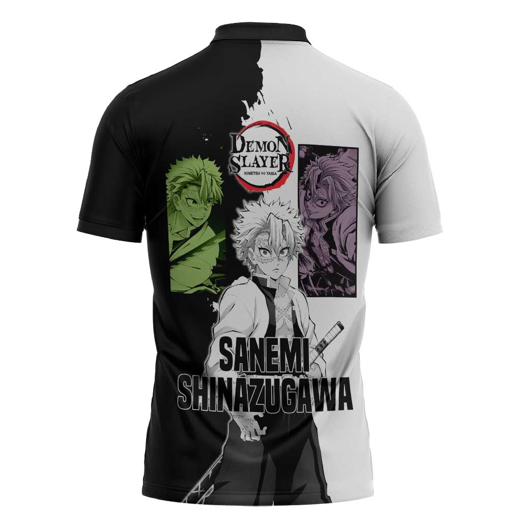 Sanemi Shinazugawa from Demon Slayer Zipper Polo Shirt with Black and White Split Background and Intense Battle-Ready Manga Style Design - The Mazicc