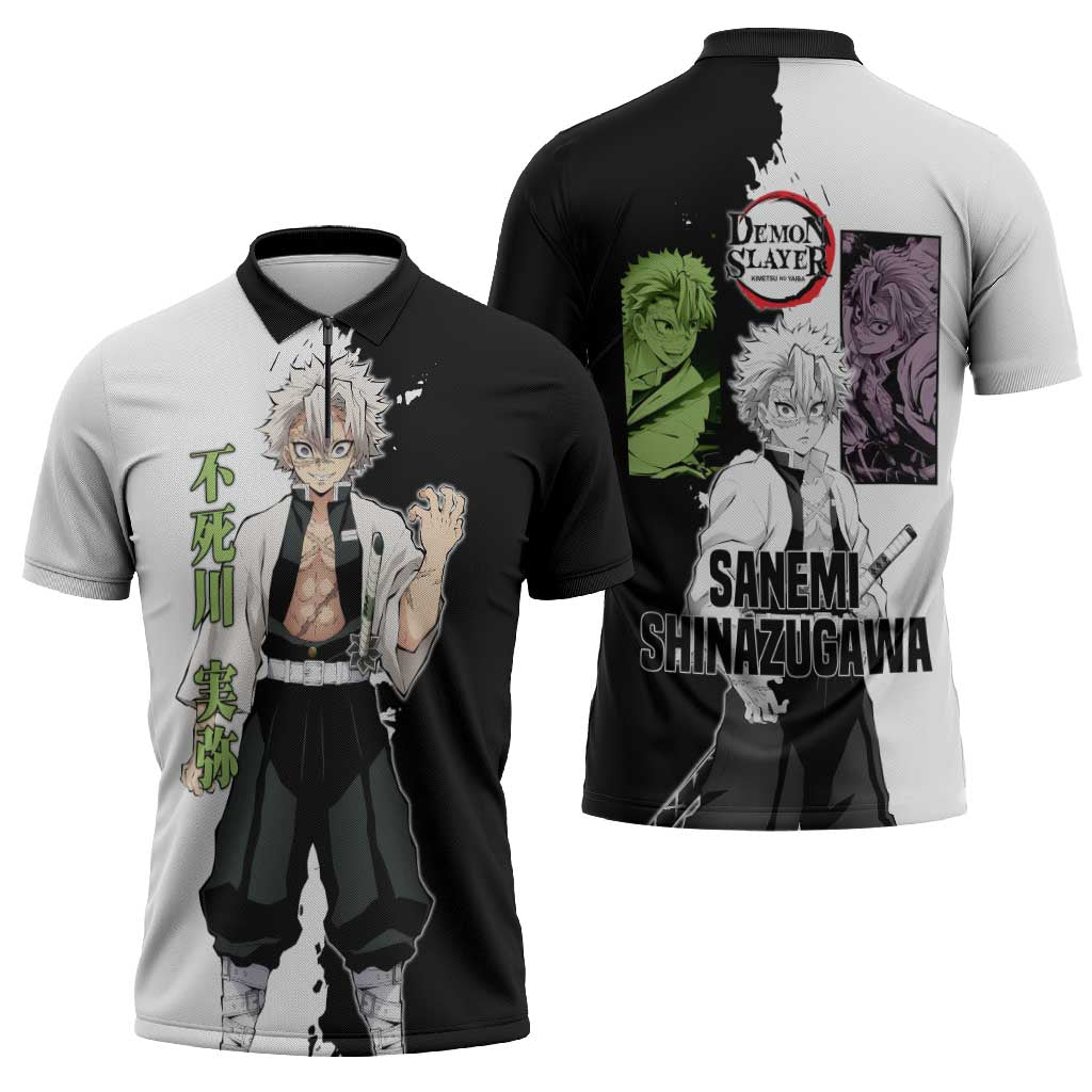 Sanemi Shinazugawa from Demon Slayer Zipper Polo Shirt with Black and White Split Background and Intense Battle-Ready Manga Style Design - The Mazicc