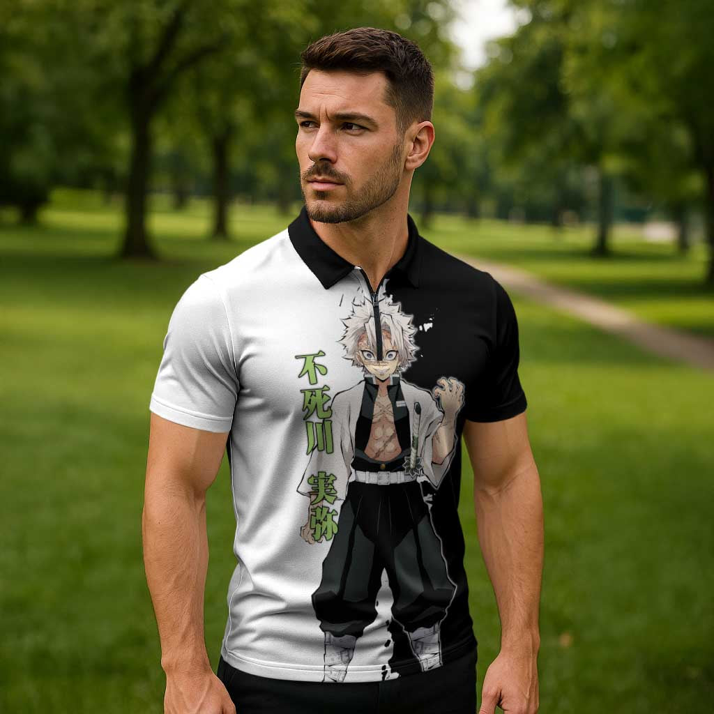 Sanemi Shinazugawa from Demon Slayer Zipper Polo Shirt with Black and White Split Background and Intense Battle-Ready Manga Style Design - The Mazicc