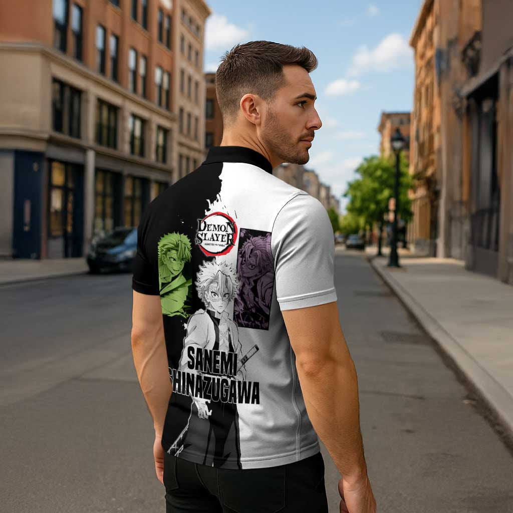 Sanemi Shinazugawa from Demon Slayer Zipper Polo Shirt with Black and White Split Background and Intense Battle-Ready Manga Style Design - The Mazicc