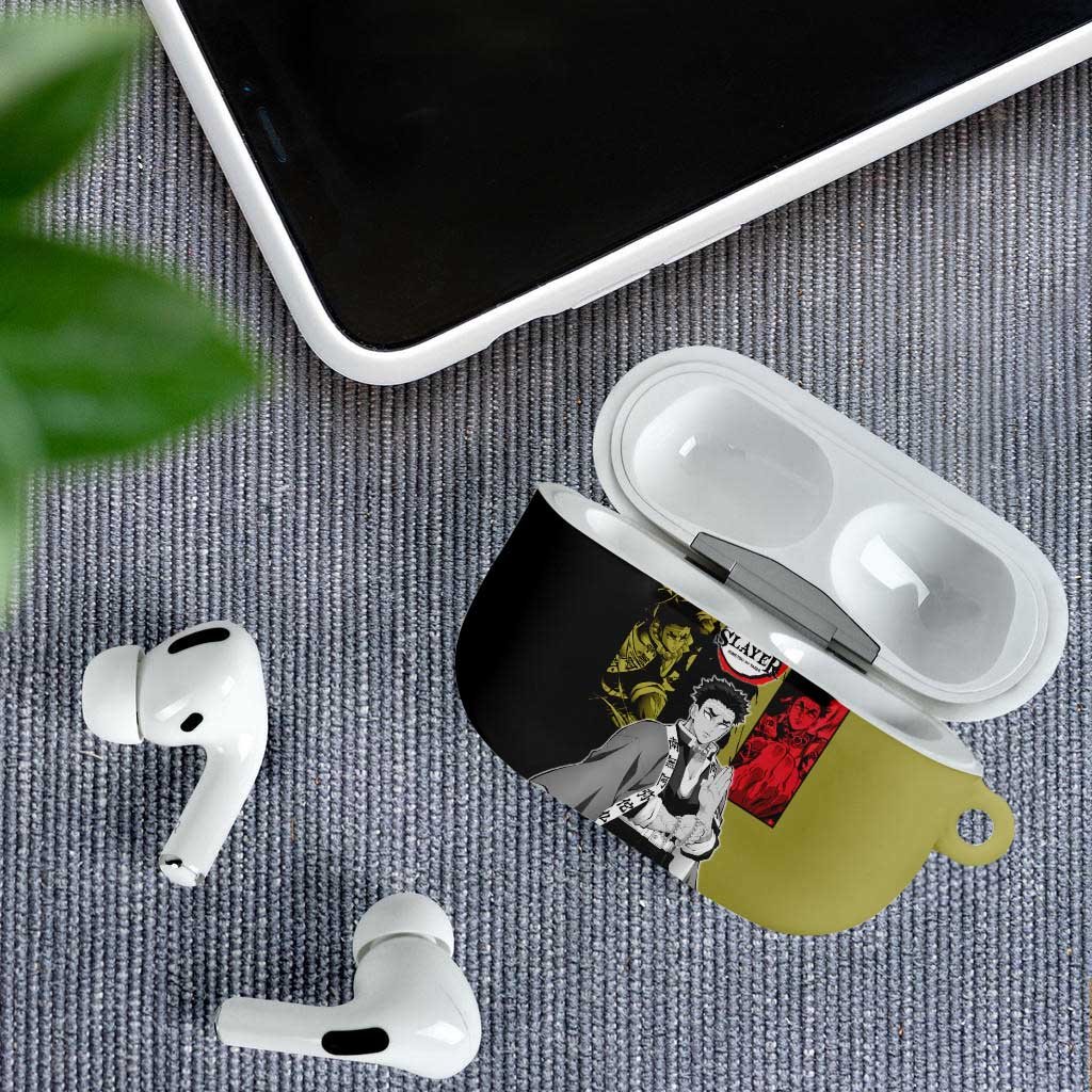 Gyomei Himejima from Demon Slayer AirPods Case with Olive and Black Split Background and Prayer Pose Manga Style Design - The Mazicc