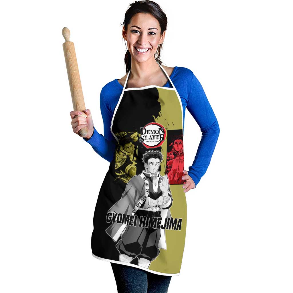 Gyomei Himejima from Demon Slayer Apron with Olive and Black Split Background and Prayer Pose Manga Style Design - The Mazicc