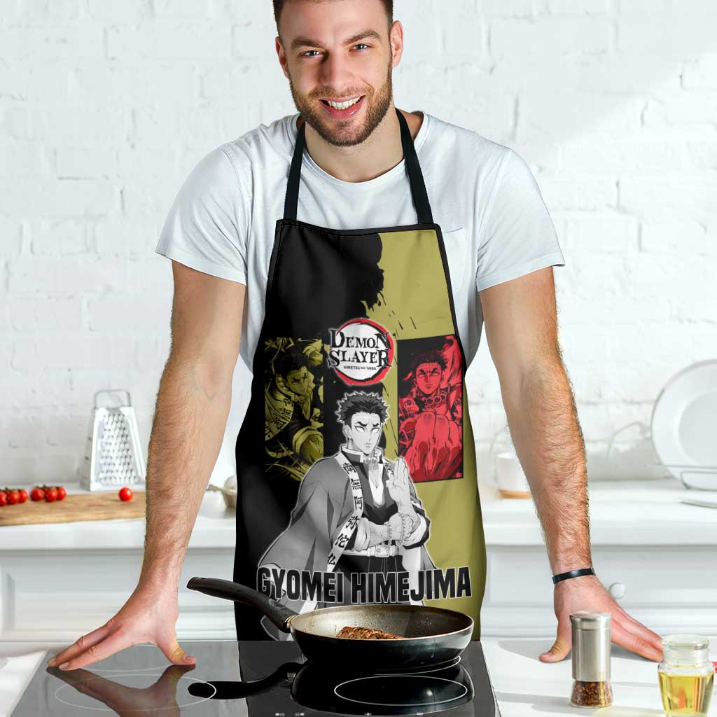 Gyomei Himejima from Demon Slayer Apron with Olive and Black Split Background and Prayer Pose Manga Style Design - The Mazicc