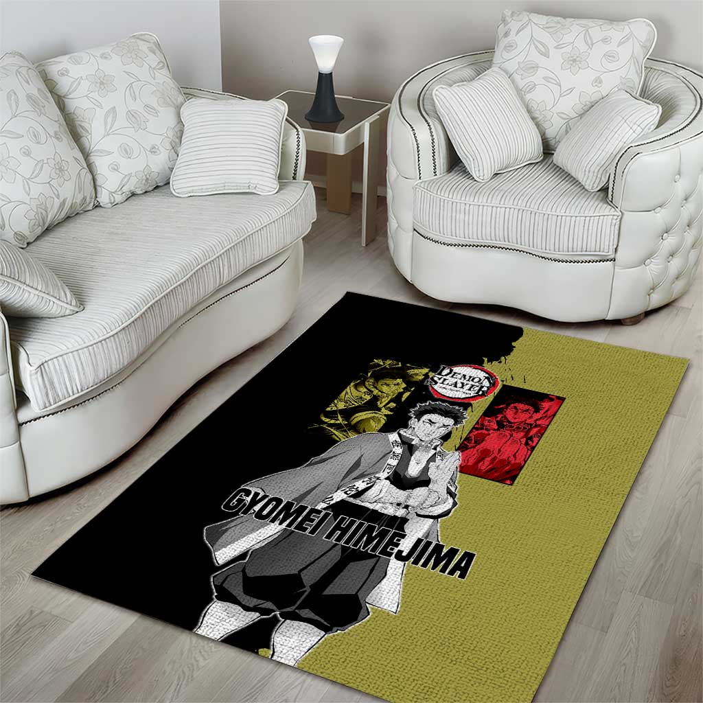 Gyomei Himejima from Demon Slayer Area Rug with Olive and Black Split Background and Prayer Pose Manga Style Design - The Mazicc