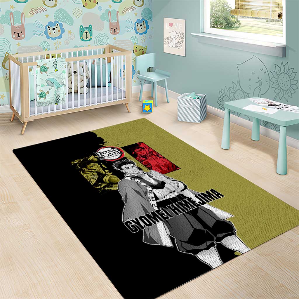 Gyomei Himejima from Demon Slayer Area Rug with Olive and Black Split Background and Prayer Pose Manga Style Design - The Mazicc