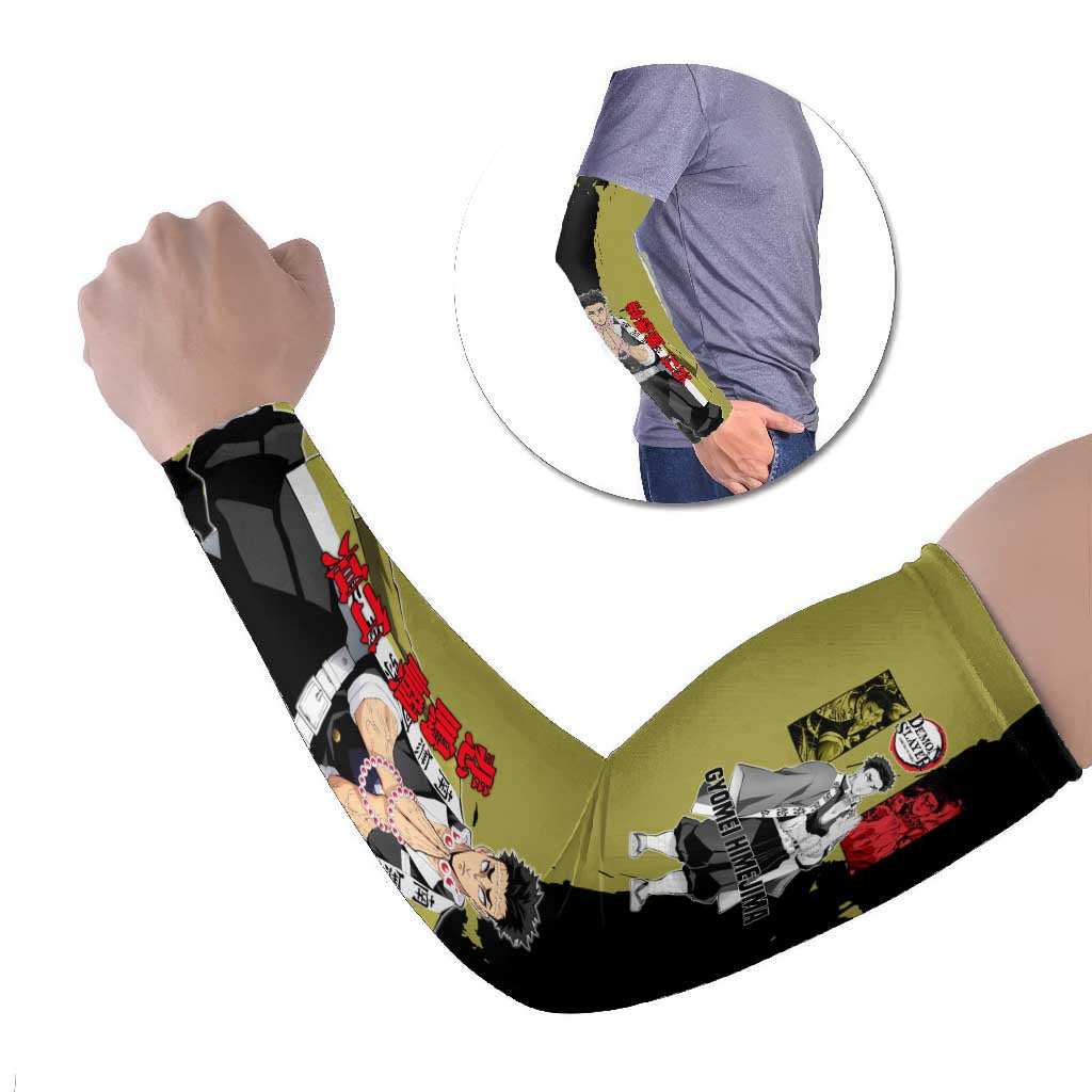 Gyomei Himejima from Demon Slayer Arm Sleeves with Olive and Black Split Background and Prayer Pose Manga Style Design - The Mazicc