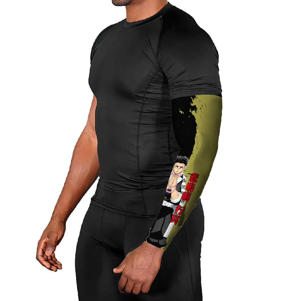 Gyomei Himejima from Demon Slayer Arm Sleeves with Olive and Black Split Background and Prayer Pose Manga Style Design - The Mazicc