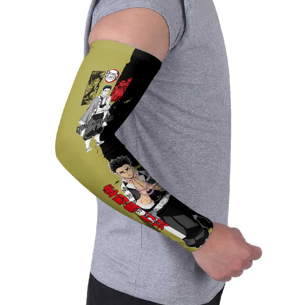Gyomei Himejima from Demon Slayer Arm Sleeves with Olive and Black Split Background and Prayer Pose Manga Style Design - The Mazicc