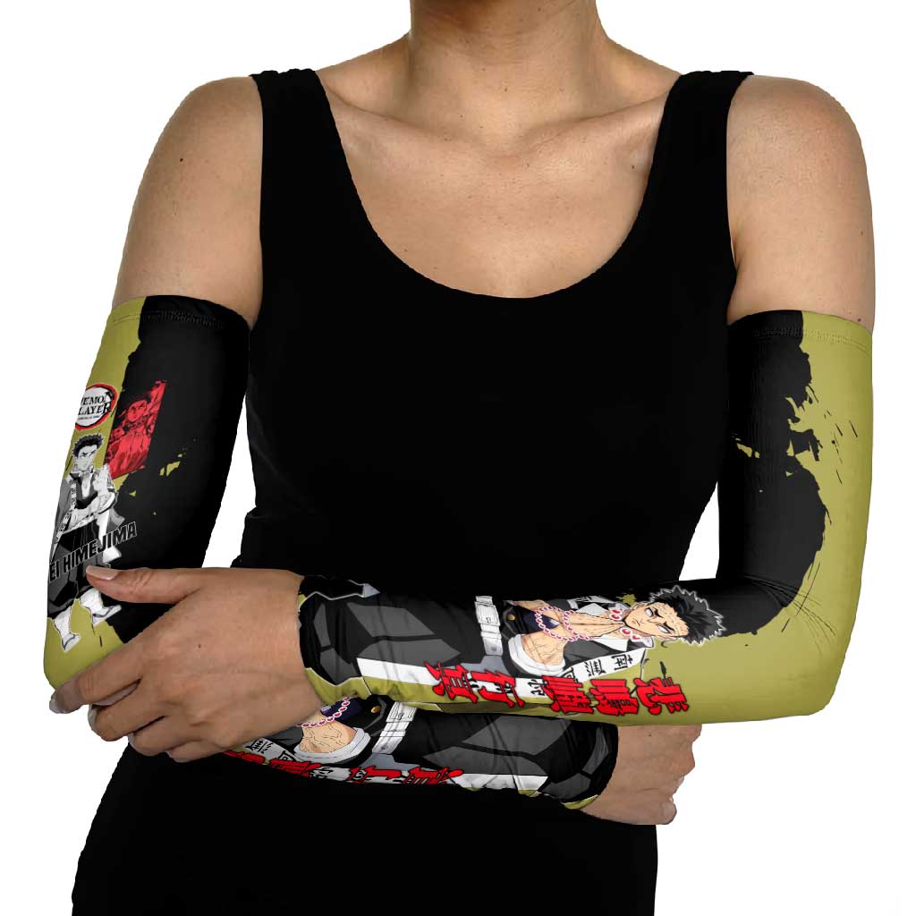 Gyomei Himejima from Demon Slayer Arm Sleeves with Olive and Black Split Background and Prayer Pose Manga Style Design - The Mazicc