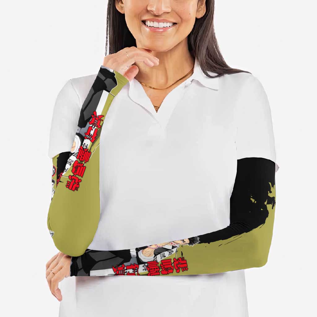 Gyomei Himejima from Demon Slayer Arm Sleeves with Olive and Black Split Background and Prayer Pose Manga Style Design - The Mazicc