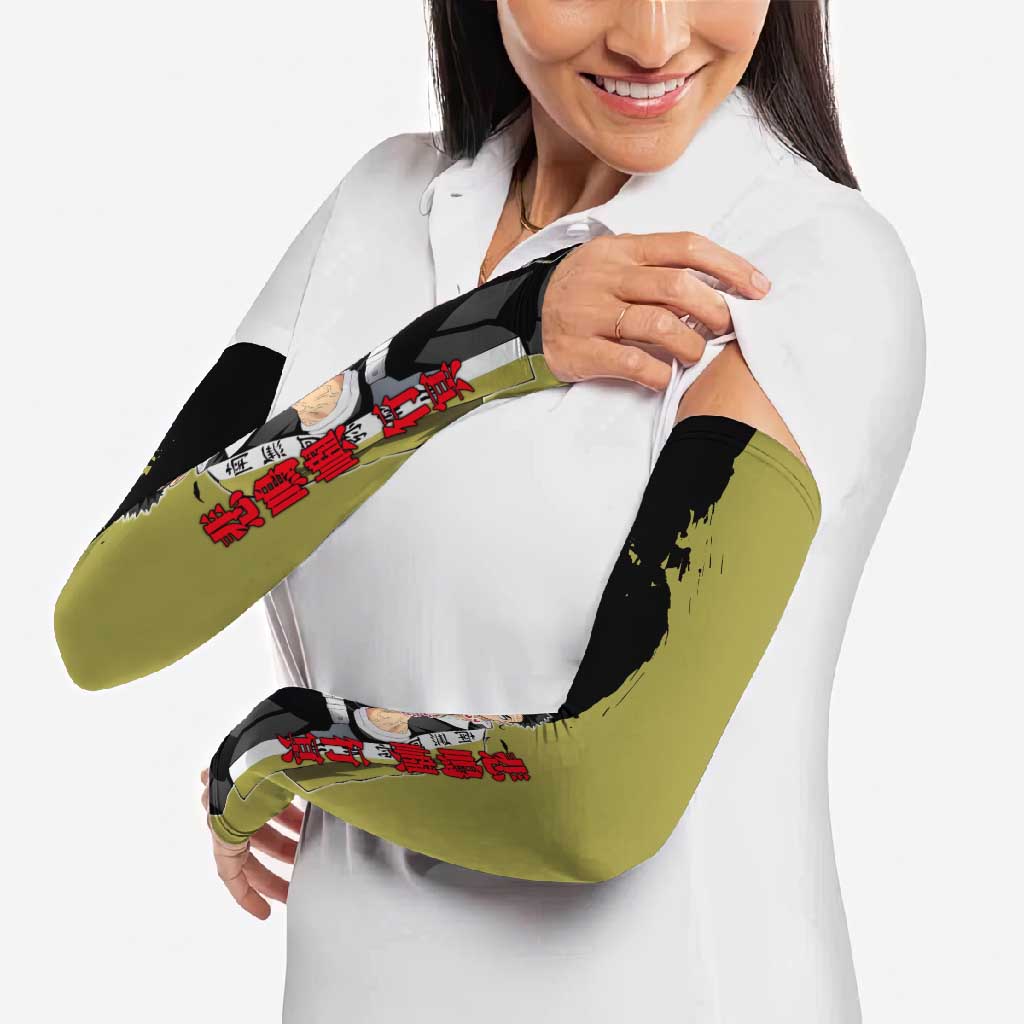 Gyomei Himejima from Demon Slayer Arm Sleeves with Olive and Black Split Background and Prayer Pose Manga Style Design - The Mazicc