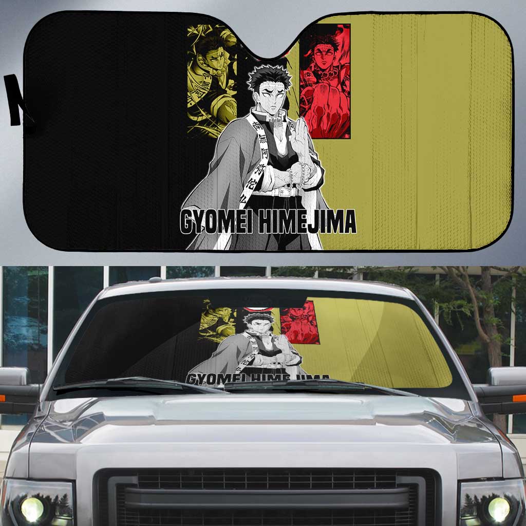 Gyomei Himejima from Demon Slayer Auto Sun Shade with Olive and Black Split Background and Prayer Pose Manga Style Design - The Mazicc