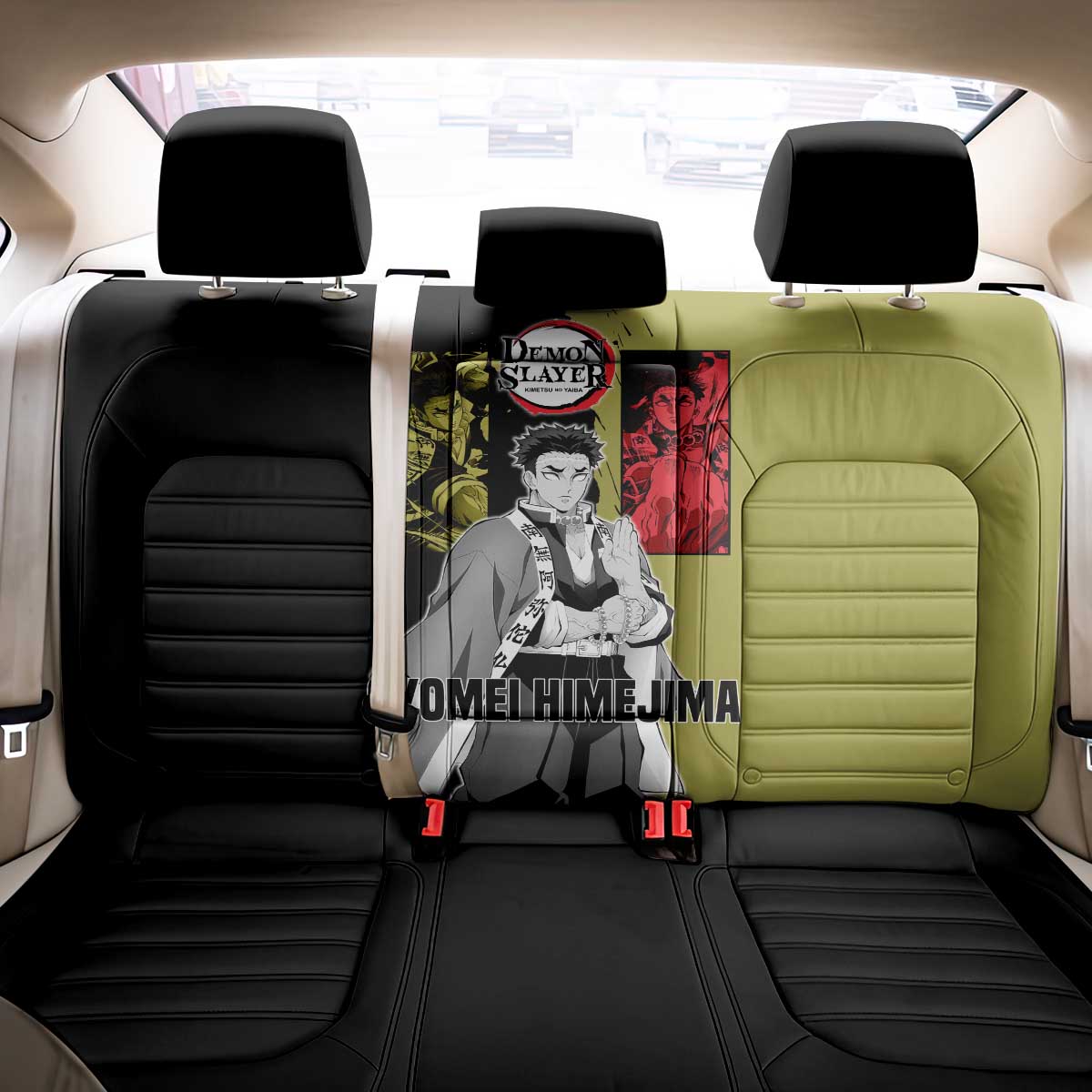 Gyomei Himejima from Demon Slayer Back Car Seat Cover with Olive and Black Split Background and Prayer Pose Manga Style Design - The Mazicc