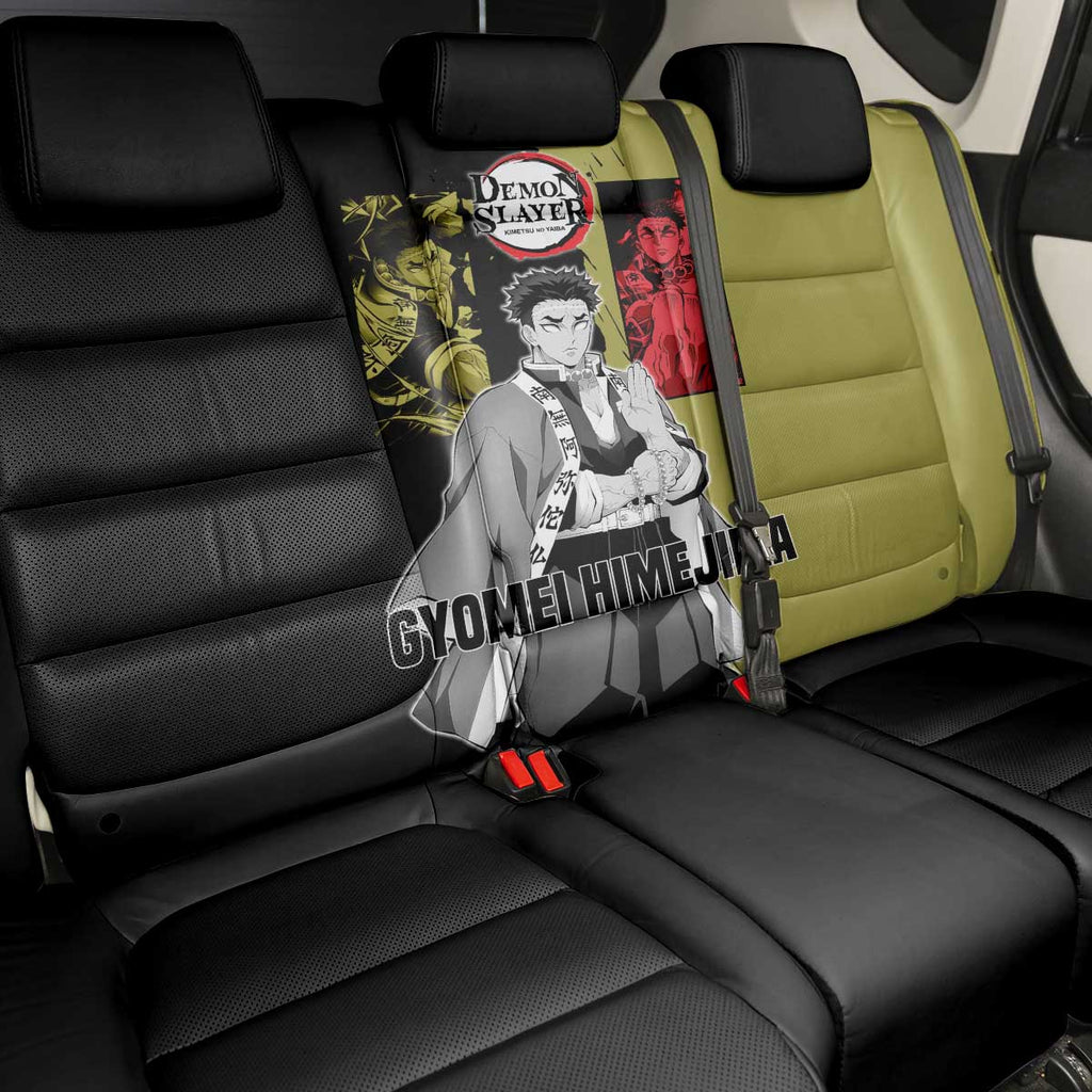 Gyomei Himejima from Demon Slayer Back Car Seat Cover with Olive and Black Split Background and Prayer Pose Manga Style Design - The Mazicc