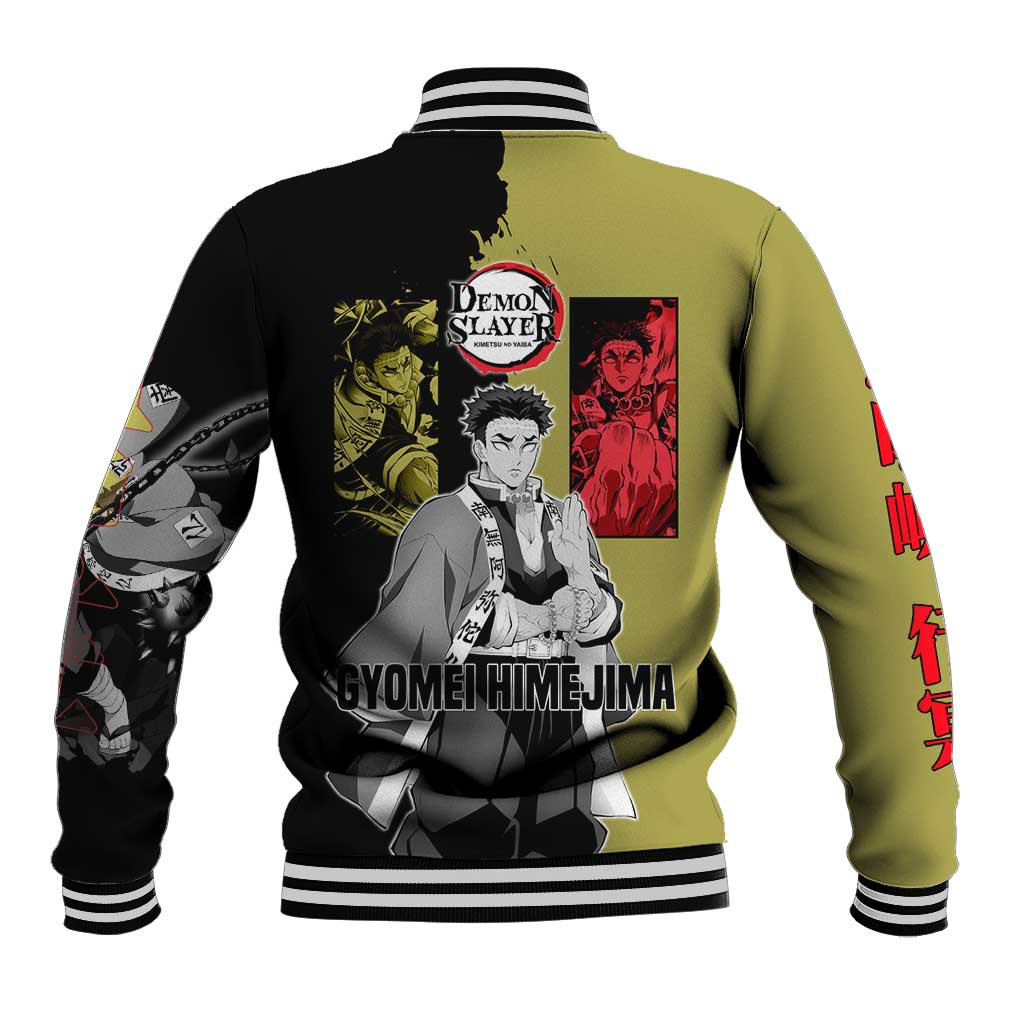 Gyomei Himejima from Demon Slayer Baseball Jacket with Olive and Black Split Background and Prayer Pose Manga Style Design - The Mazicc